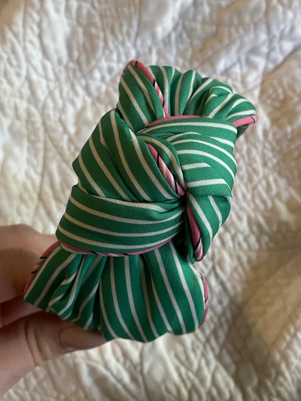 Green and Pink Striped Knotted Hair Scrunchie
